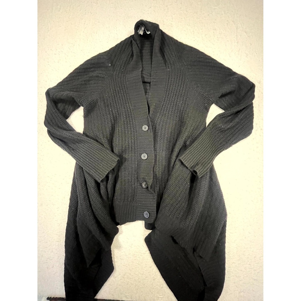 360Cashmere Draped‎ Cardigan Sweater Womens Large Black Cashmere Waffle Knit